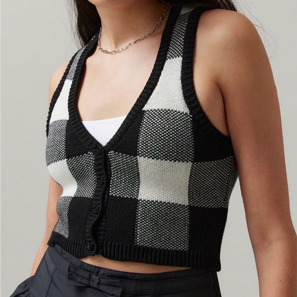 BDG Black and White Checkered Knit Sweater Vest